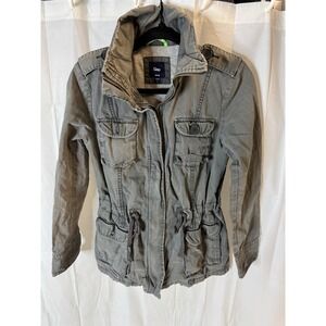 Gap Womens Gray Utility Jacket Military Style Button Pockets Drawstring
